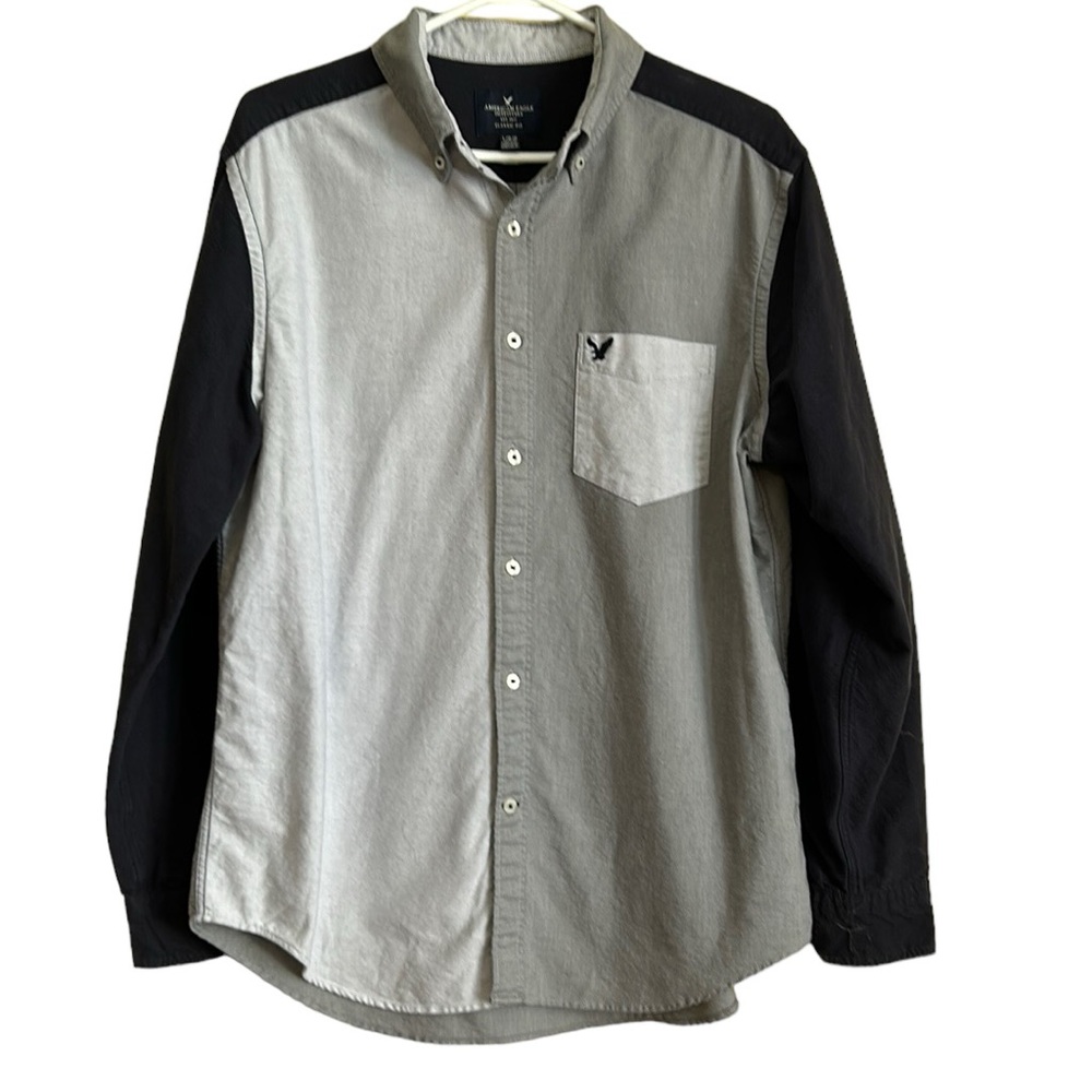 American Eagle Outfitters Mens Shirt Large Colour Block Button Front Grey Black